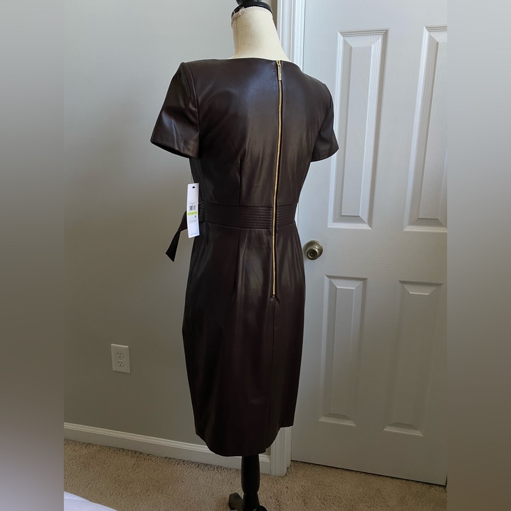 NWT Calvin Klein Belted Faux Leather Sheath Dress - Espresso Brown - Picture 7 of 16